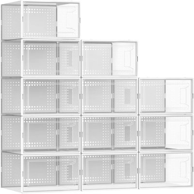 Paquet de 12 boîtes de rangement modulaires pour chaussures, contenants à chaussures empilables en plastique transparent avec couvercles pour placard, vitrine à chaussures peu encombrante