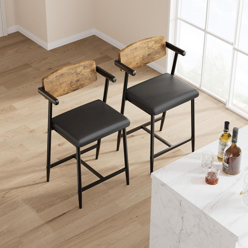 Bar Stools Set of 2 with Arm, 2pcs Counter Height Bar Stools Set with Footrest & Wood Back, Metal Barstools Set with Wide Upholstered Seat for Kitchen Islands,Counter Bars