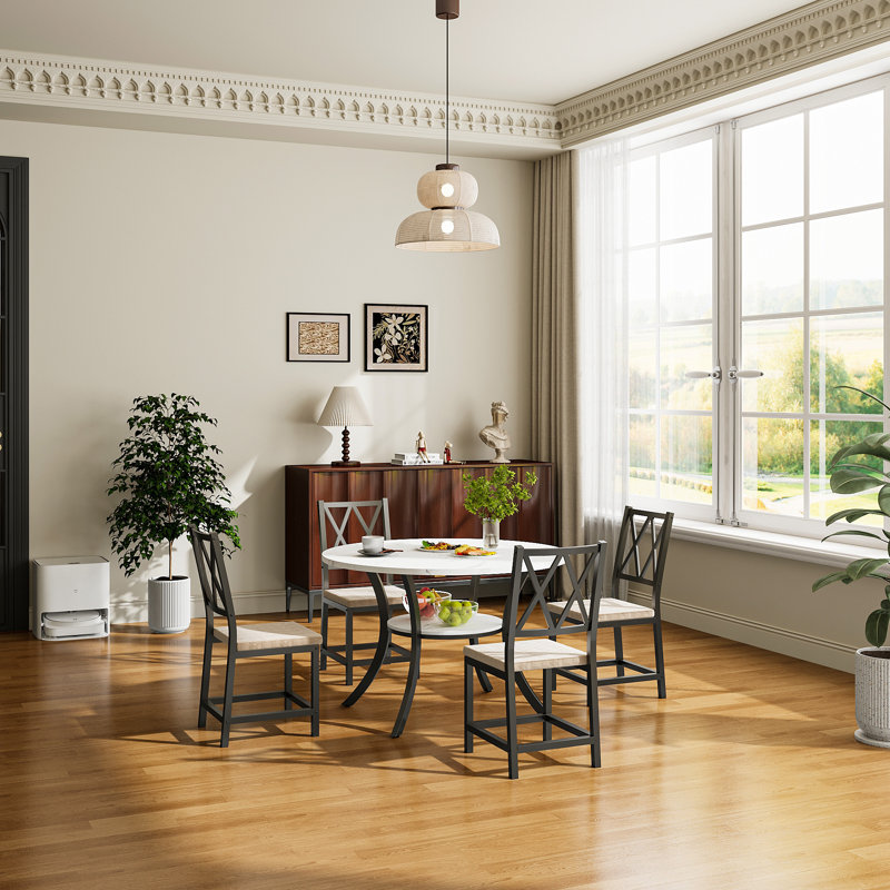 5 Pieces 35.4’’ Transitional Style Round Dining Table Set, Extendable Folding Kitchen Dining Table Set For 4 With 4 Velvet Upholstered Dining Chairs