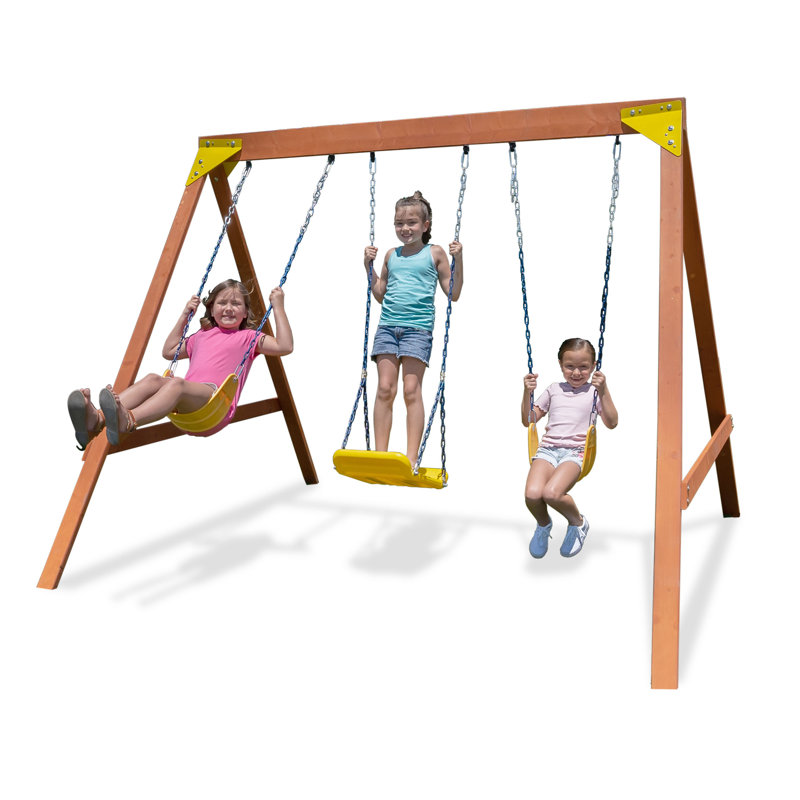 Brighton Outdoor Wood Swing Set with 3 Yellow Swings