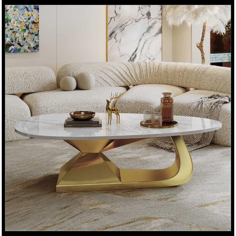 Table basse moderne en pierre frittée avec base en acier inoxydable, Doré