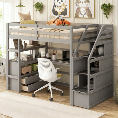 Lit mezzanine en bois massif avec bureau, tablettes, escalier de rangement et deux tiroirs intégrés