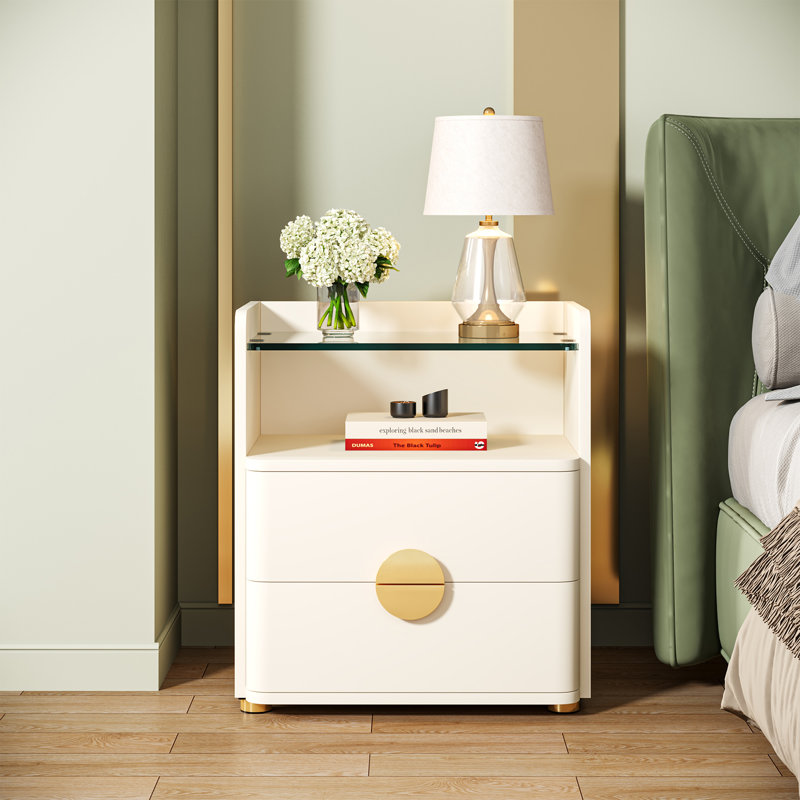 Table de chevet 2 tiroirs en beige, Blanc cassé, 2