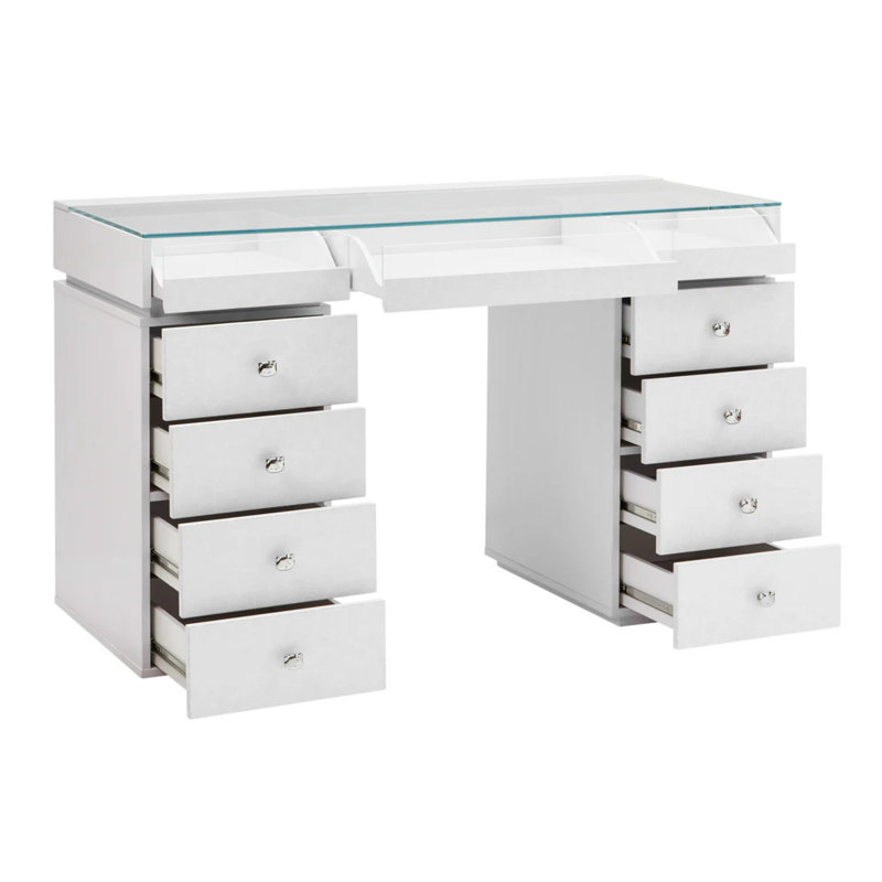 Jesleen SlayStation Pro 2.0 Glass Tabletop, Makeup Vanity Desk with 4 Drawer Unit, Hello Kitty Knobs