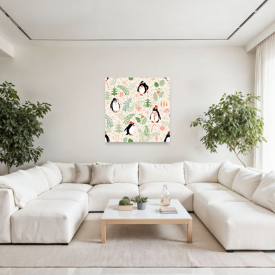 Festive Penguin Holiday Pattern Abstract Contemporary Penguin Landscape Nature Wall Art Print 1 Piece Wrapped Canvas Wall Art