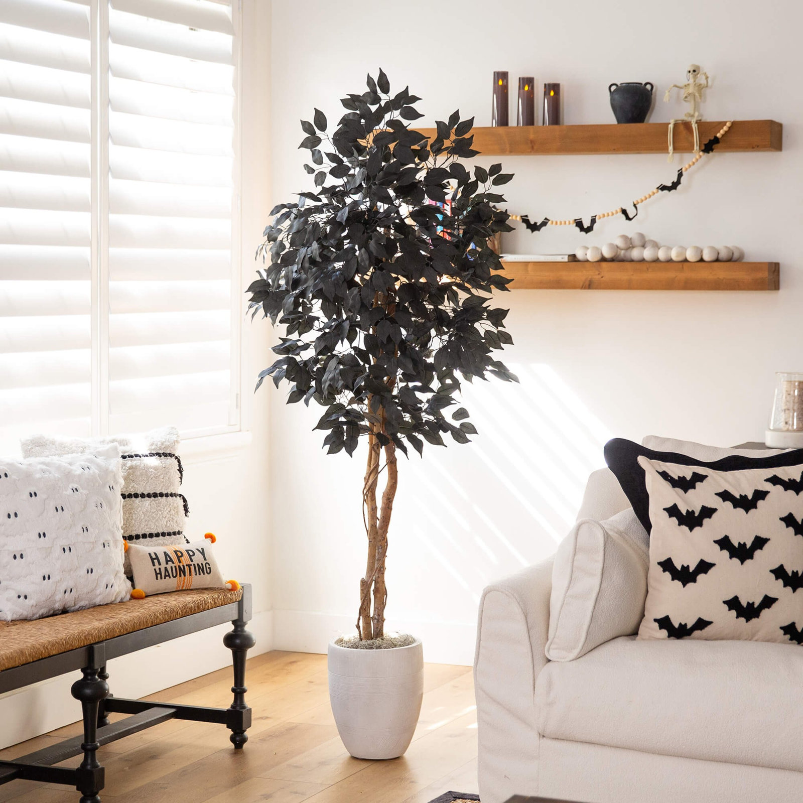 4Ft. Artificial Halloween Black Ficus Tree With Natural Trunk, 60" H x 28" W x 28" D