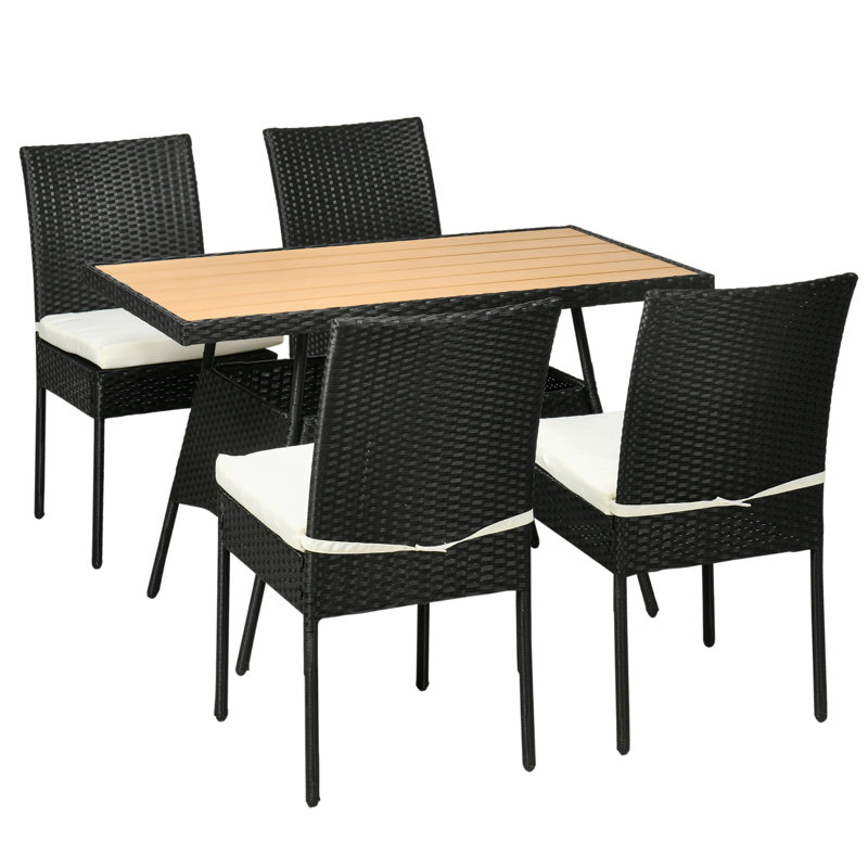 Ensemble de salle à manger en rotin 5 pièces Wildon Home®, table de salle à manger en osier et 4 chaises avec plateau WPC et sièges rembourrés, crème