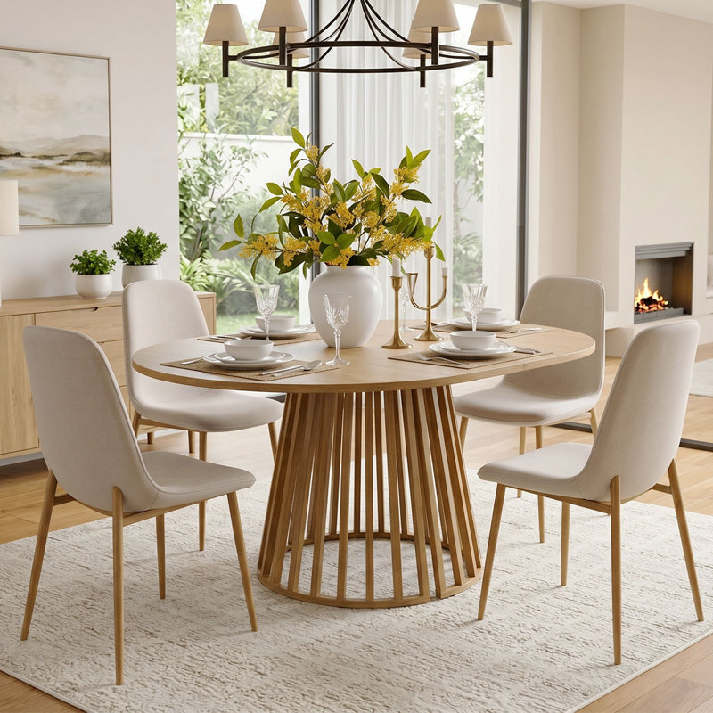 4- Person Dining Table Sets With Extendabe Oval Table & 4 Upholstered Dining Chairs, Beige