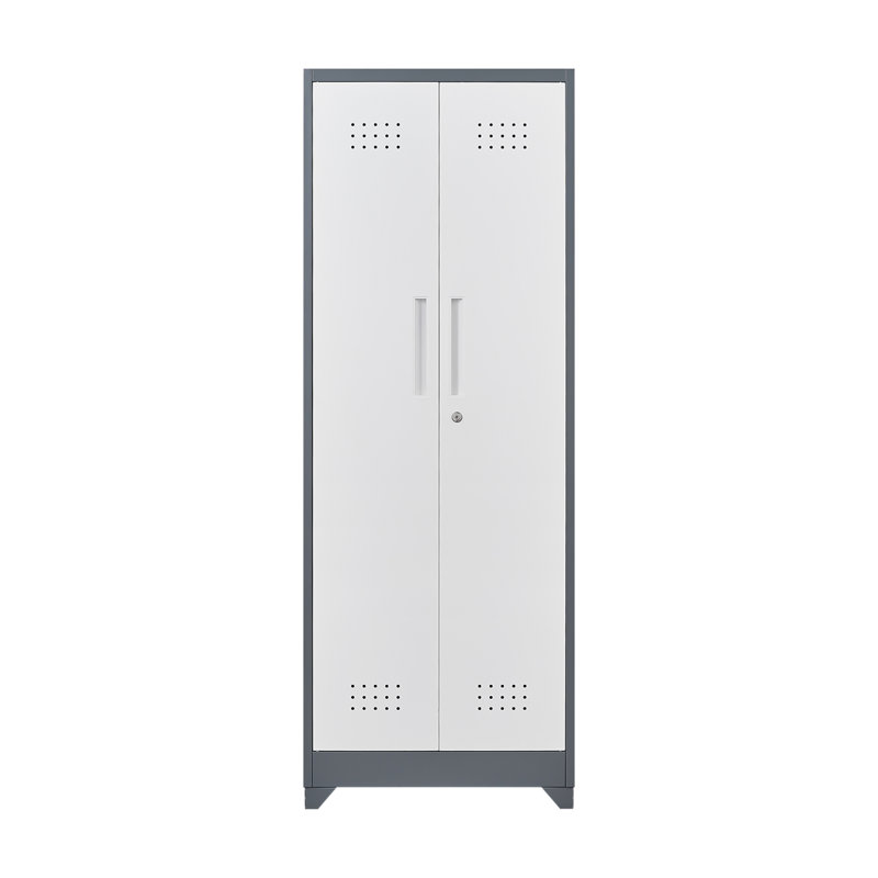 Broom Storage Cabinet With Locking Doors And Shelves, 65" H Metal Storage Cabinet With Hanging Rod & S-Hooks, Cleaning Tool Storage Cabinet
