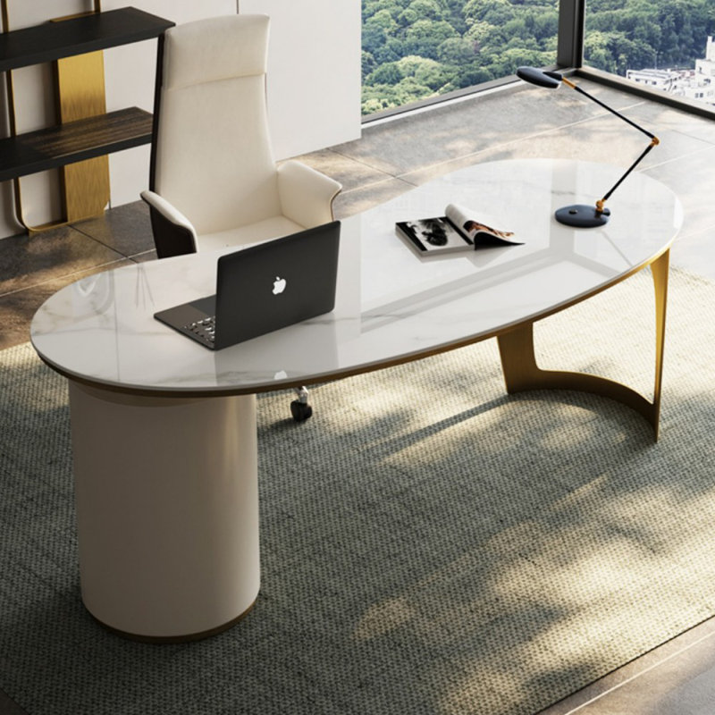 Bureau rectangulaire en bois manufacturé avec 3 tiroirs, H 29,53 po x l 55,12 po x P 27,56 po, Or