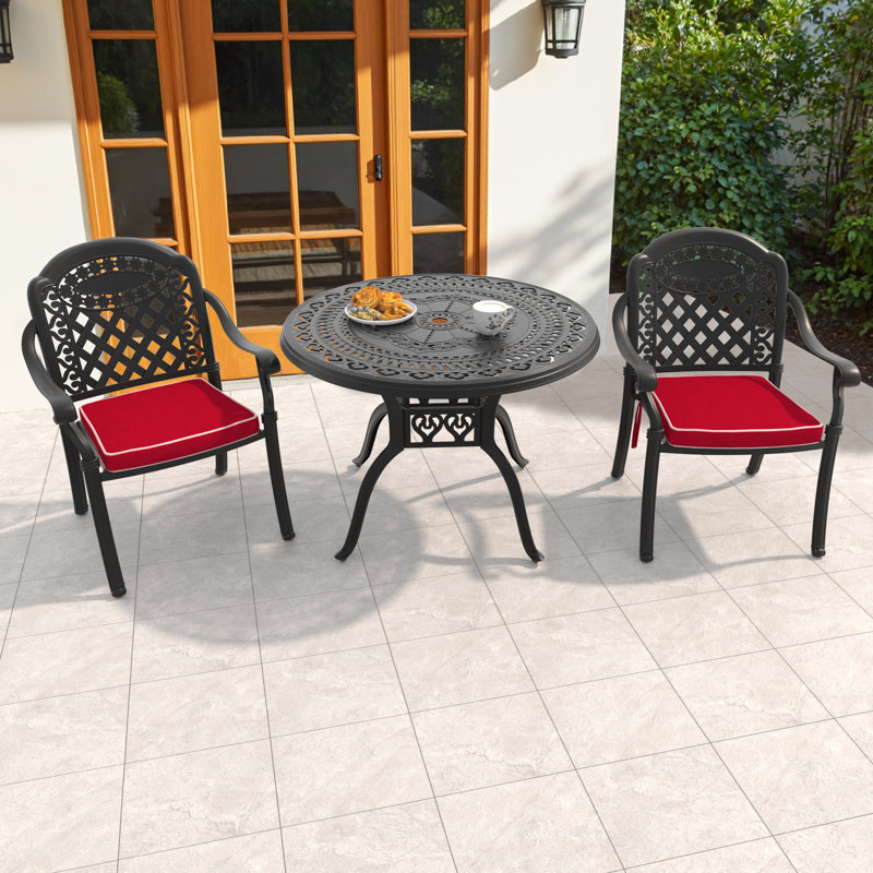 Arbonne 3-Piece 39.37-inch Round Table Cast Aluminum Outdoor Dining Set with Umbrella Hole and Red Cushions