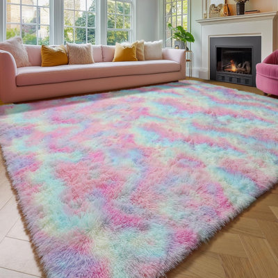 Rainbow Area Rug 9X12 For Girls Bedroom Kids Room, Large Pastel Colorful Shaggy Rug, Cute Unicorn Kawaii Fluffy Plush Carpet For Baby Princess Playroom Living Room Decor
