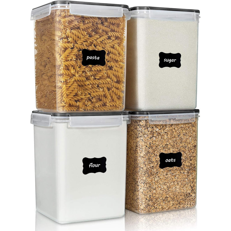 Grands contenants de rangement pour aliments 5,2 l / 176 oz, 4 pièces de contenants hermétiques en plastique sans BPA pour la farine, le sucre, les produits de cuisson, le riz avec couvercles, 4 tasses à mesurer et 24 étiquettes, noir