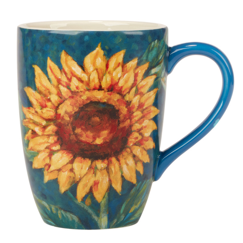 Golden Sunflower Blue Ceramic 20 oz Mug Set