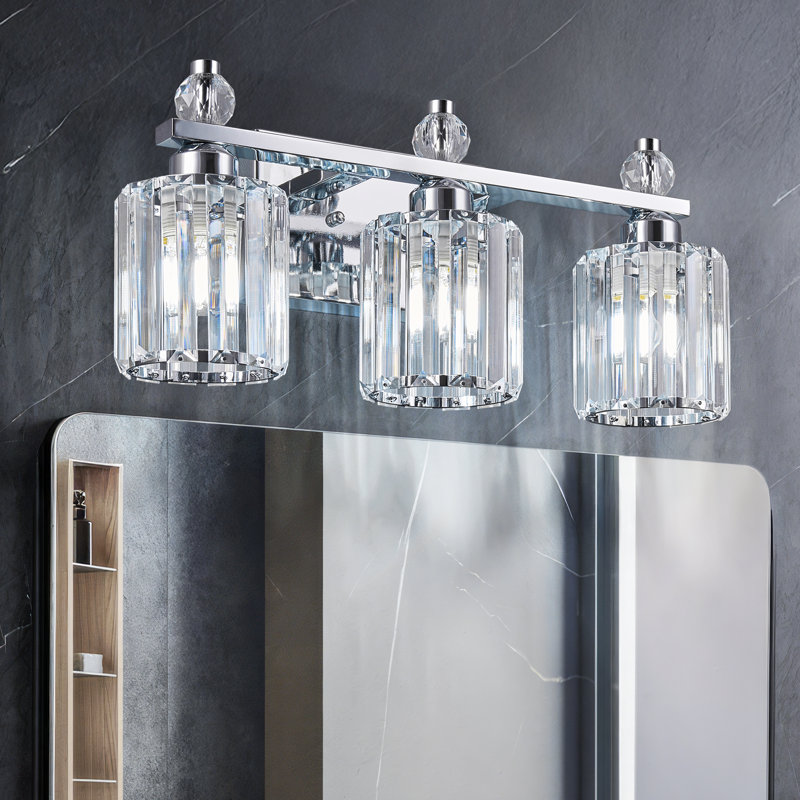 Dimmable Crystal Vanity Light With Cylindrical Shade, Chrome, 3 Lights