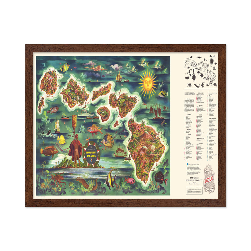 Carte des îles hawaïennes, H 18 po x l 24 po, Affiche, Encadrement brun