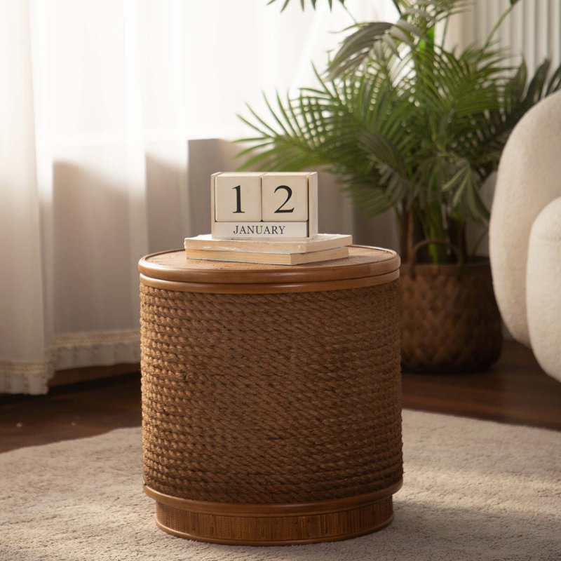 Table basse ronde en rotin avec rangement amovible et bordure en chanvre Boho-Chic