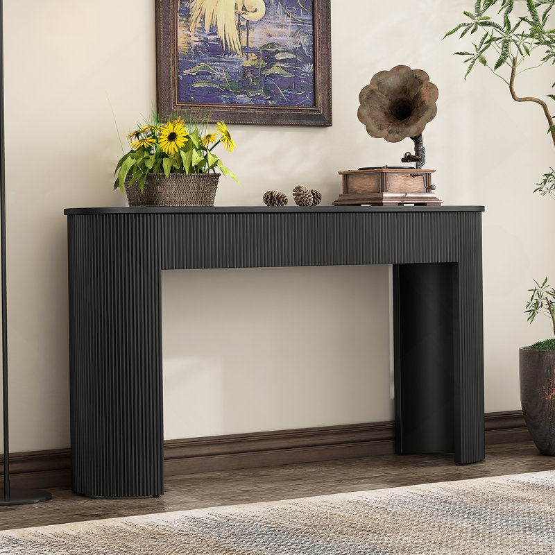 Table d'entrée avec design cannelé, console moderne avec rangement, plateau ovale et 2 tiroirs pour l'entrée et le salon (noir)