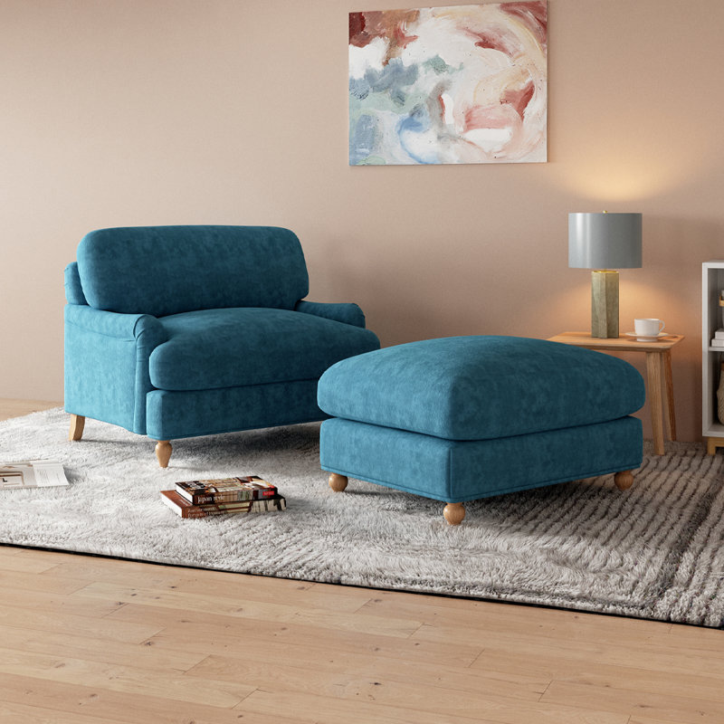 Odonegan Upholstered Armchair with Footstool, Teal Velvet