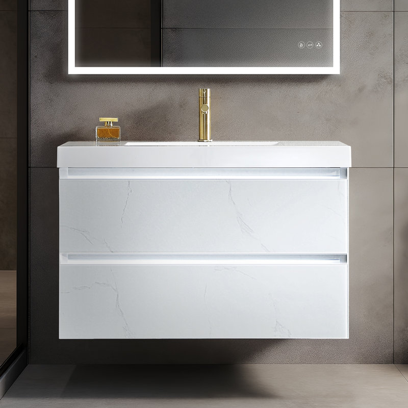 Ensemble de meuble-lavabo mural simple 35 po Fahriye, Blanc Calacatta