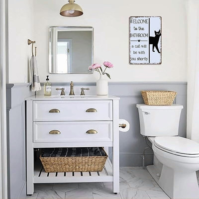 «Welcome To The Bathroom, A Cat Will Be With You Shortly», plaque en métal amusante - art mural rétro pour salle de bain 8 x 12 po - affiche rétro en aluminium pour décoration murale