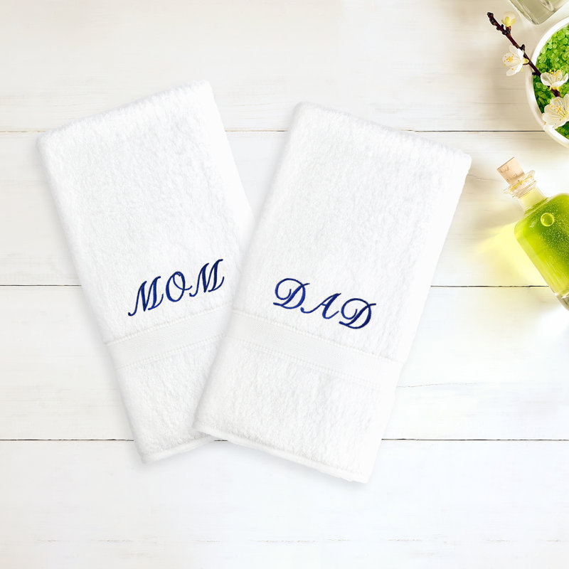 Ensemble de serviettes à mains 100% coton 2 pièces Mom & Dad, Blanc / Bleu marine