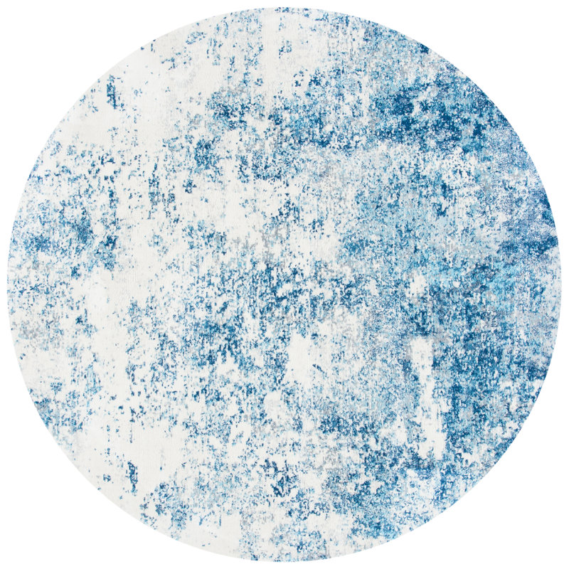 Tapis abstrait gris clair / bleu N'Keal, Rond 5 pi, Navy/Ivory