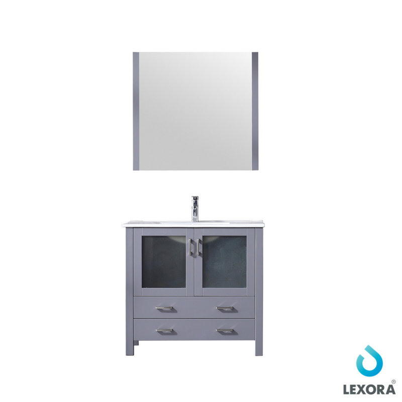 Volez 36 in W x 18.25 in D Single Bath Vanity, White Ceramic Top, 34 in Mirror and Chrome Faucet Set, Dark Grey