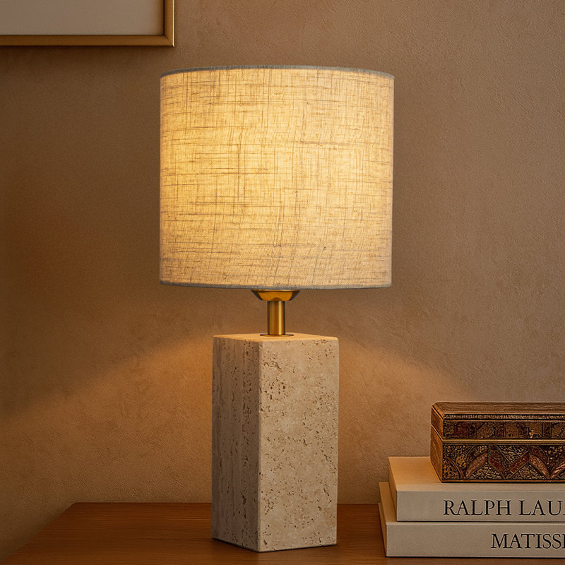 16'' Natural Small Travertine Stone Base Bedside Table Lamp – Modern Rectangular Nightstand Lamp With Beige Linen Shade For Bedroom Living Room Dining Room
