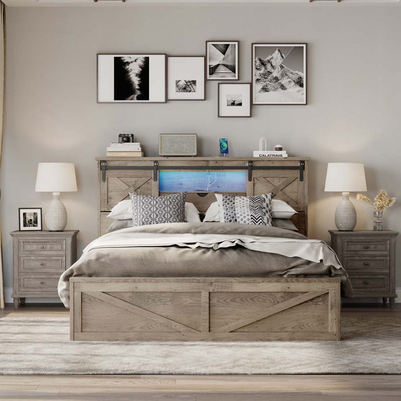 Farmhouse Storage Bed Frame with LED Lights and Charging Station,Drawers