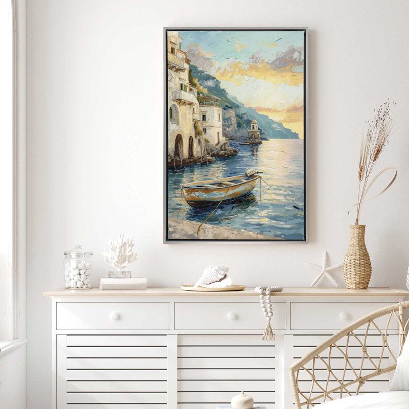 " Positano Azure Retreat ", Polished Chrome Floater Framed, 14" H x 10" W x 1.75" D
