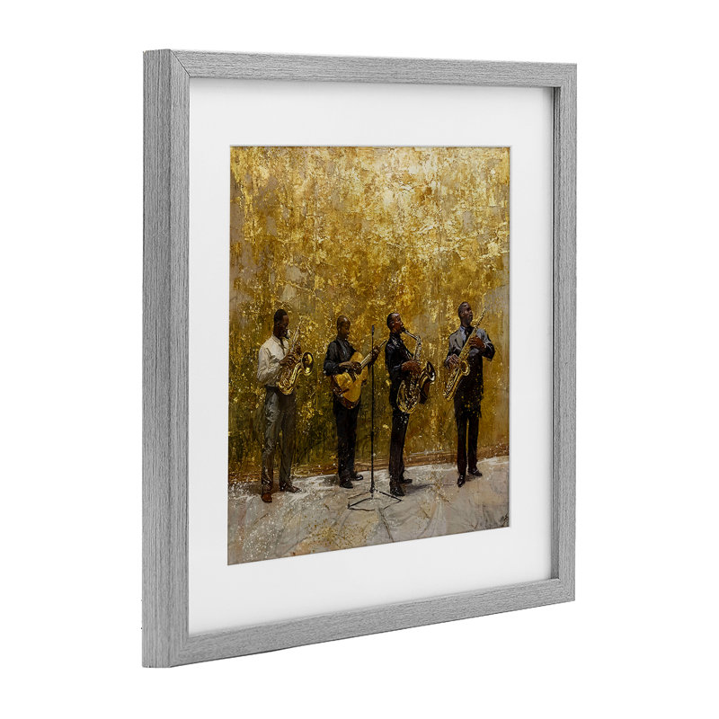 Golden Era Jazz Musisans, reproduction encadrée sous verre, conception de Marta Wiley, H 16 po x l 16 po, Cadre de ferme gris