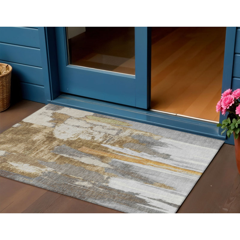 3' X 5' Ivory And Gold Abstract Washable Indoor Outdoor Area Rug