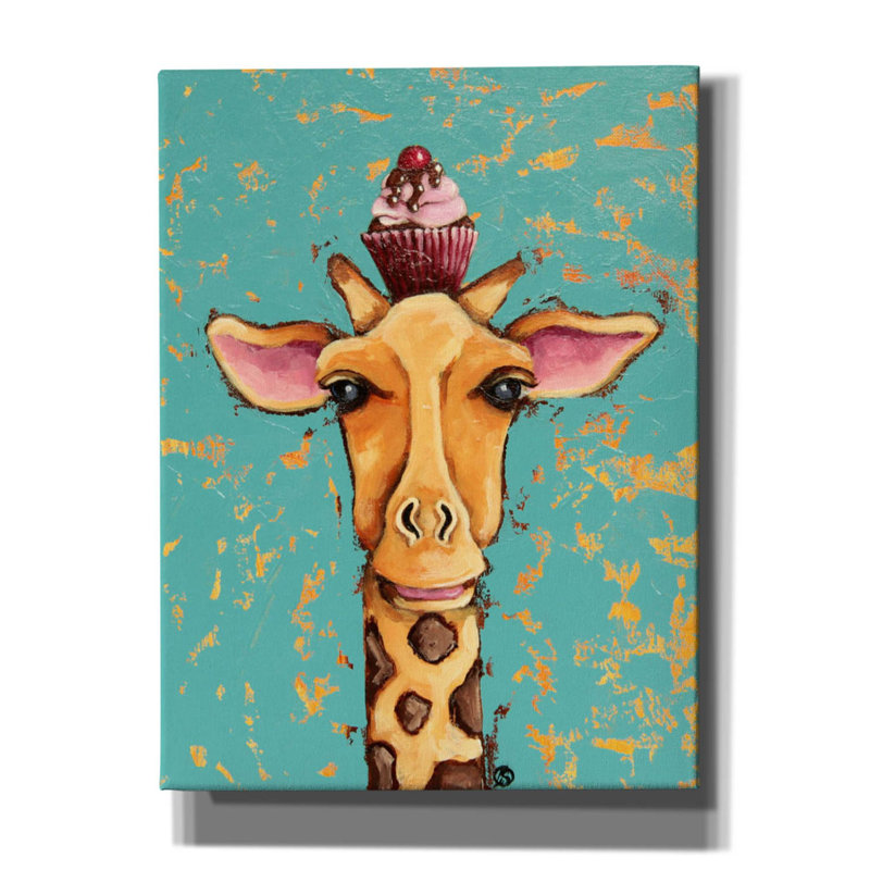 «Red Barrel Studio« Giraffe With Cherry On Top »par Lucia Stewart, art mural sur toile, H 16 po x l 12 po x P 0,75 po