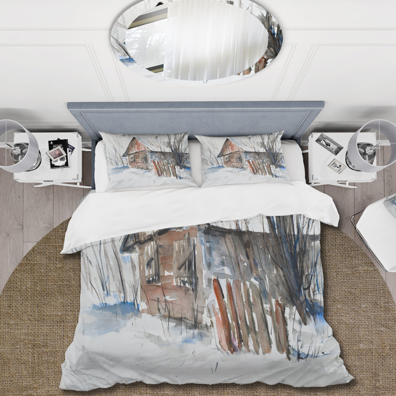 Vieille maison en bois abandonnée en hiver - ensemble de housse de couette traditionnel - microfibre de polyester