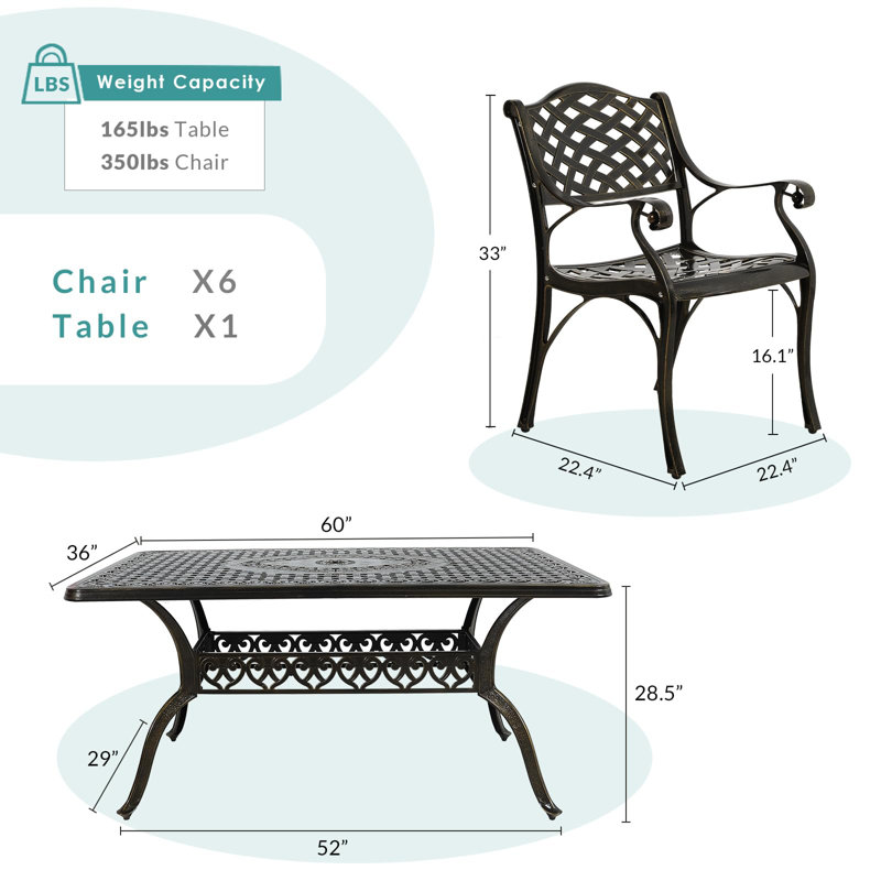 Canora Grey 7 Piece Outdoor Patio Dining Set For 6 Seater Dining Table Set, All-Weather Cast Aluminum Patio Conversation Set For Garden With 6 Chairs, 1 Rectangular Table, 2" Umbrella Hole, Dark Bronze