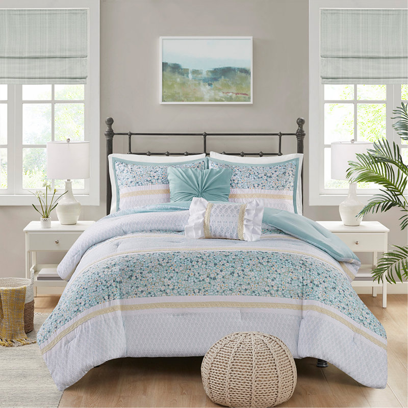 Ensemble d'édredon 5 pièces avec coussins décoratifs, motif floral et rembourrage hypoallergénique King / Cal King, Turquoise