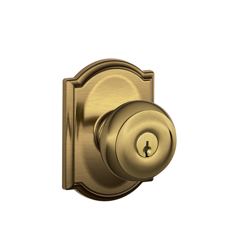 Georgian Knob with Camelot Trim Keyed Entry Lock, Antique Brass