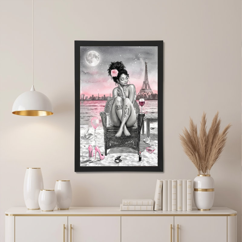 Tableau sur toile représentant une Parisienne avec la Tour Eiffel et la Lune (1 pièce), H 18 po x l 12 po