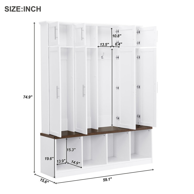 Versatile Hall Tree With 4 Hanging Hooks, Brown Wood Grain Bench With Multiple Storage Space, Entryway Cabinet With Open Compartments For Living Room, Hallway