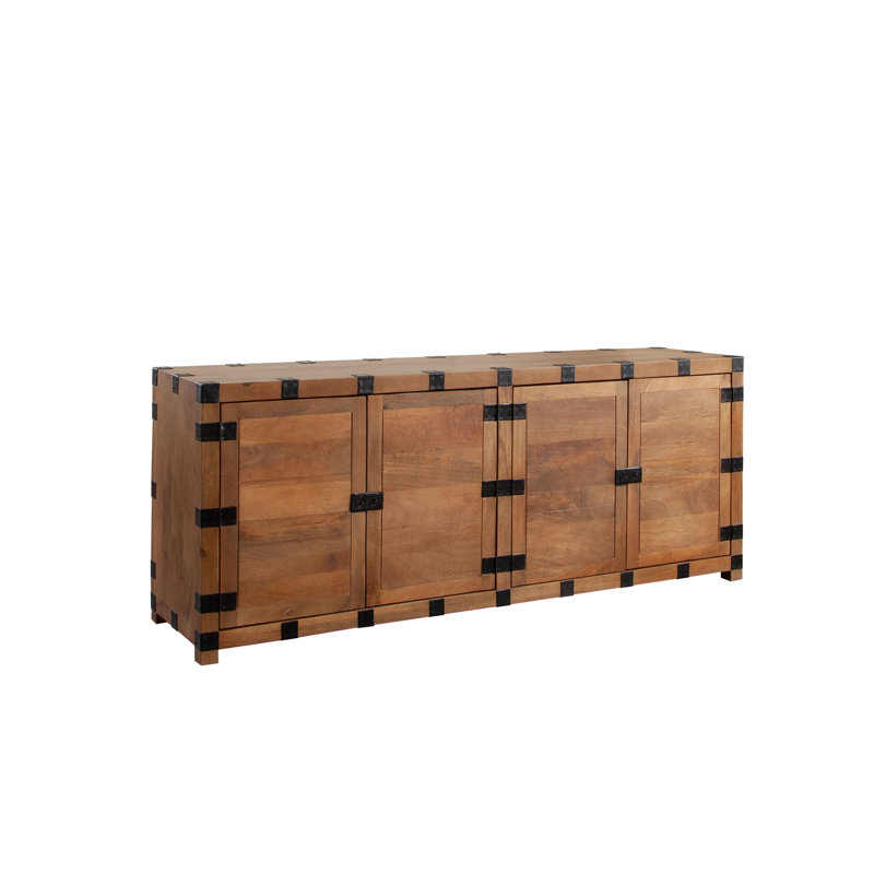 Oxford Solid Mango Wood 4-Door Sideboard In Oak Finish W/ Black Metal Bracket