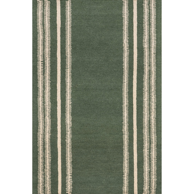 Handmade Green and Beige Wool Striped Rectangular Rug