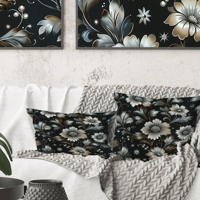 Coussin décoratif Glamour, H 16 po x l 16 po, Noir / argenté