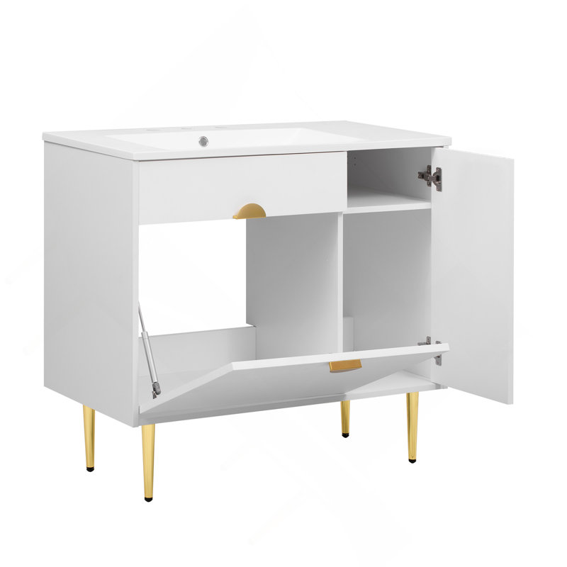 Meuble-lavabo de 36 po avec lavabo en résine, meuble-lavabo moderne, armoire de rangement avec porte à fermeture en douceur et porte rabattable