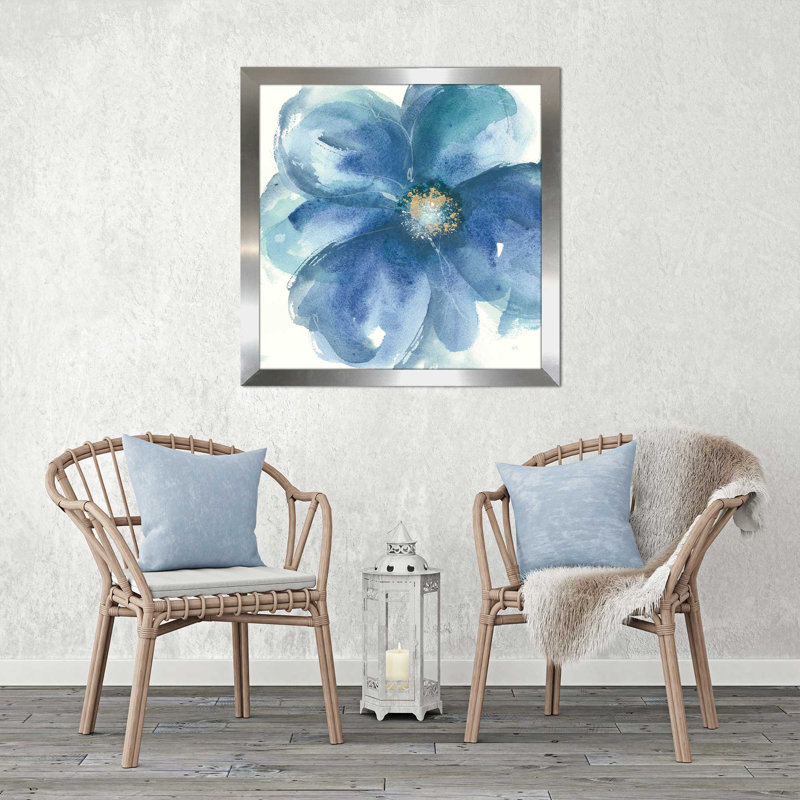 «Indigo Mint III», reproduction de peinture à l'aquarelle, H 21,5 po x l 21,5 po x P 0,75 po, Encadrement argenté