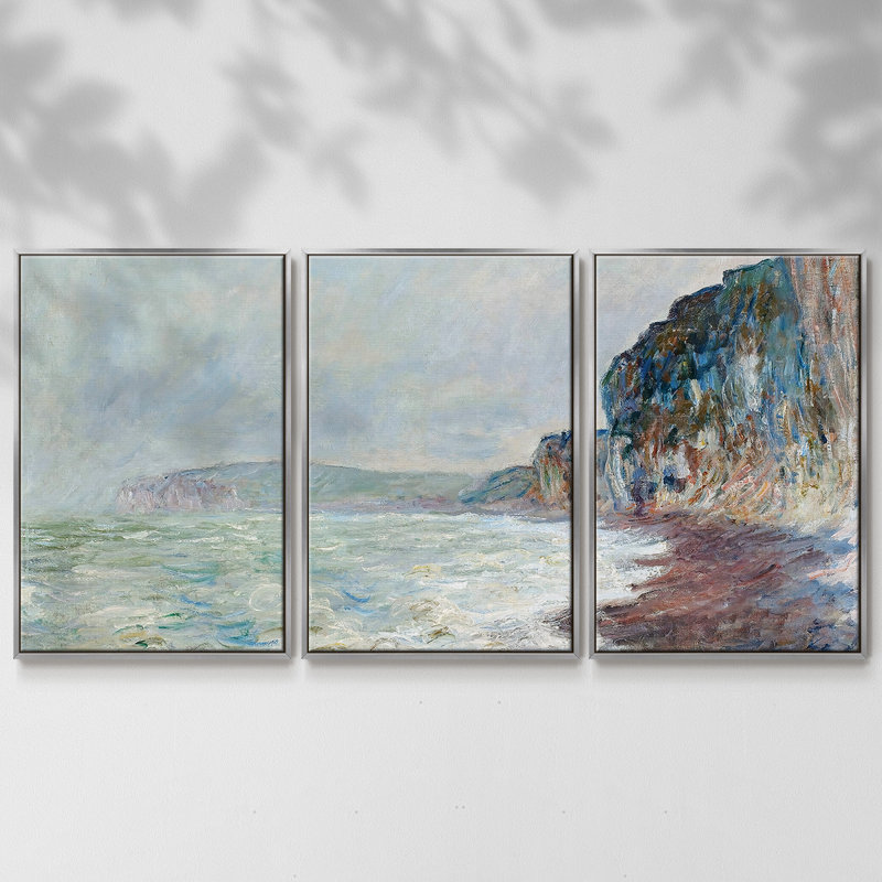 Les falaises, temps gris - 3 pièces avec cadre flottant, H 36 po x l 75 po x P 2 po, Argent
