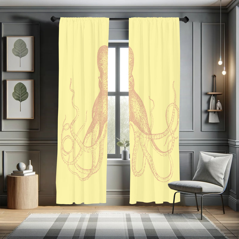 Rideaux de pieuvre Ebern Designs, croquis marine monochrome, L 28 po x L 63 po, Jaune pâle
