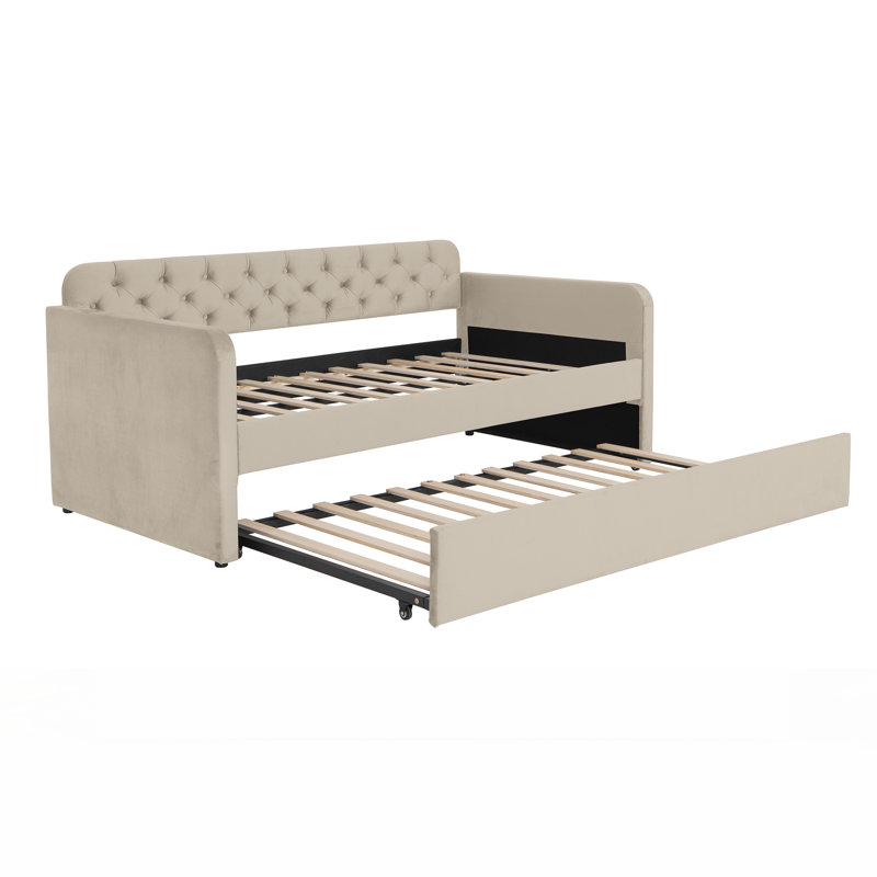 81.7'' L Twin Daybed With Trundle - Dark Grey Velvet, USB Charging, 600 Lbs Capacity, Beige