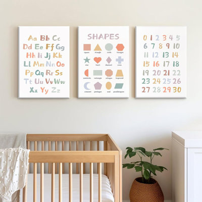 Kids Playroom Wall Art Decor Nursery ABC Alphabet Poster Play Room Canvas Wall Decor Toddler Childrens Educational Artwork Numbers Shapes Prints ABC Picture For Playroom 16X24 Inch Ready To Hang 3Pcs