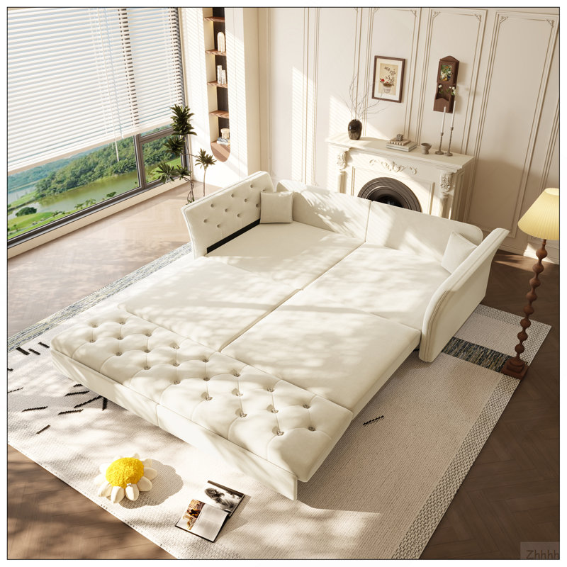 Grand canapé-lit coulissant de 74,4 po, canapé-lit convertible avec motif capitonné en tissu fait à la main, causeuse en velours multifonctionnel pour salon, chambre à coucher, appartement, beige / blanc